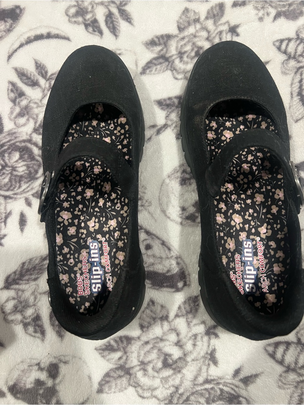 BOBS from Skechers Black Mary Jane Slip-Ins with Pink Floral Insole